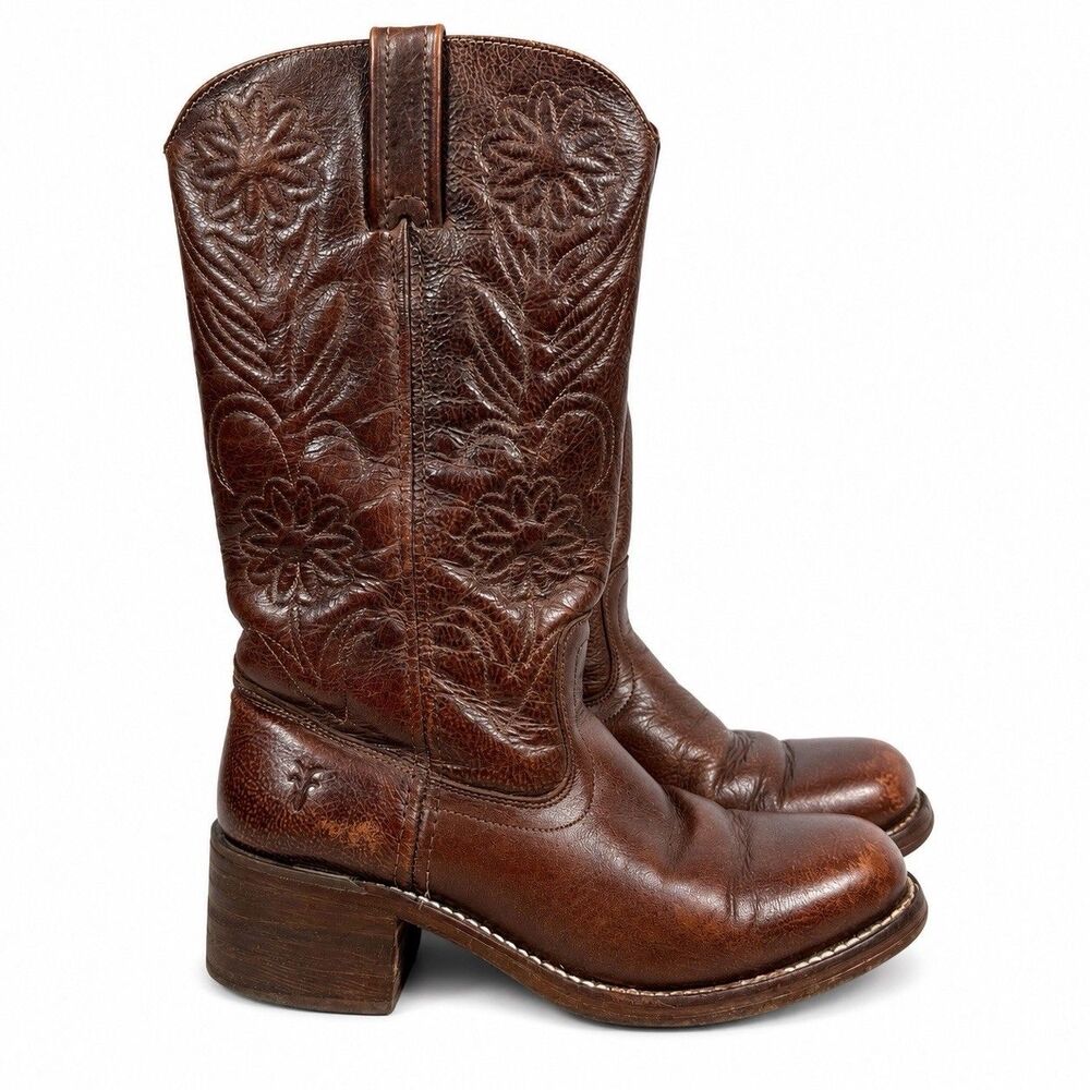 Frye Campus Style Boots Womens 8 Brown Leather Cowboy Western Riding Floral